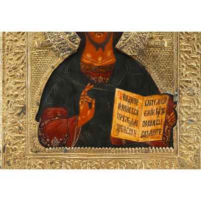 Икона Господь Вседержитель темпера, латунь кон. XIX в. 31,5x26x2 см.  конец ХІХ в