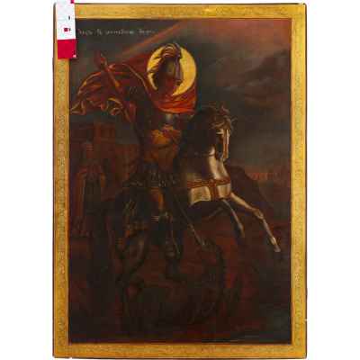 Храмовая икона Чудо святого Георгия о змие масло 1883 г. 94x68x2,7 см.  1883