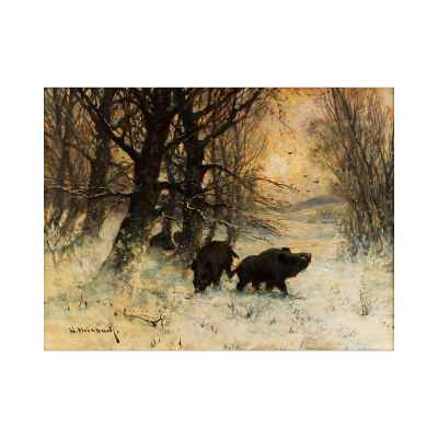 W. Heidbach Кабаны в зимнем лесу х/м Европа 1900-е гг. 60x80 см. Европа 1900-е гг