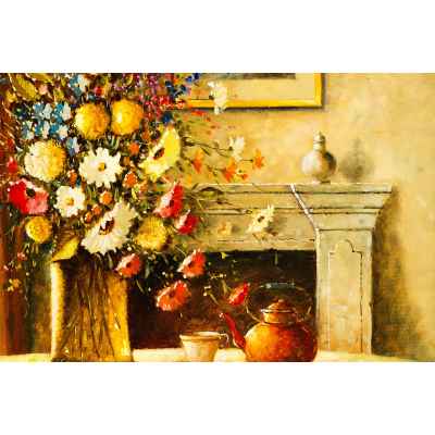 Rúta Nelson (?) Интерьер с цветами х/м 60x70,5 см. Европа Первая четверть XX века