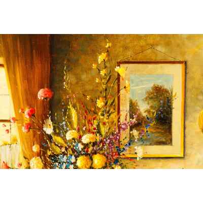 Rúta Nelson (?) Интерьер с цветами х/м 60x70,5 см. Европа Первая четверть XX века