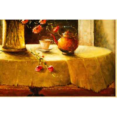 Rúta Nelson (?) Интерьер с цветами х/м 60x70,5 см. Европа Первая четверть XX века