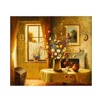 Rúta Nelson (?) Интерьер с цветами х/м 60x70,5 см. Европа Первая четверть XX века