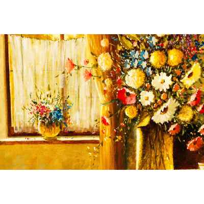 Rúta Nelson (?) Интерьер с цветами х/м 60x70,5 см. Европа Первая четверть XX века