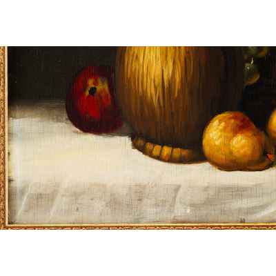 Marius натюрморт с бутылью и фруктами дерево, масло, Голландия сер. ХХ в. 29,8x40 см. Европа Первая четверть XX века