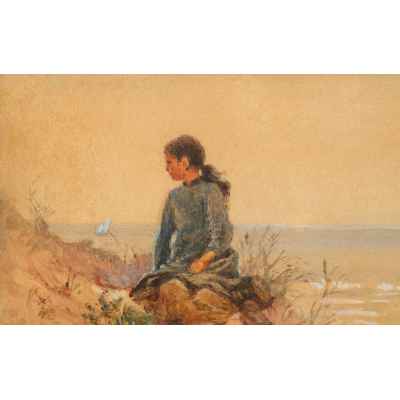 Графический лист с изображением девочки подростка на берегу моря  Последняя четверть XIX века