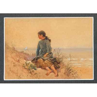 Графический лист с изображением девочки подростка на берегу моря  Последняя четверть XIX века