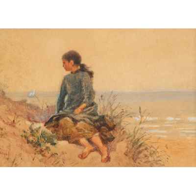 Графический лист с изображением девочки подростка на берегу моря  Последняя четверть XIX века