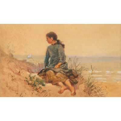 Графический лист с изображением девочки подростка на берегу моря  Последняя четверть XIX века