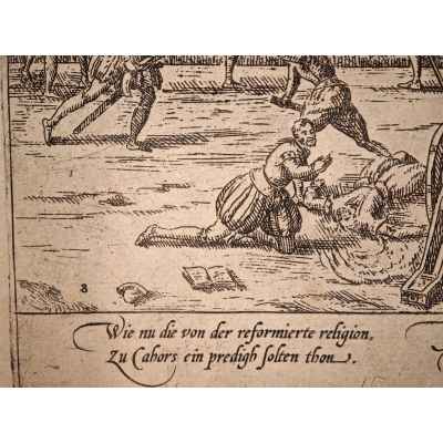 Frans Hogenberg Гравюра Резня в Кахоре ен Керси 1580-е гг. 33,5x42,5 см.  1560-1580 гг