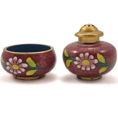 Солонка и перечница латунь, клуазоне, Китай 1950-70-е гг. 4х4,5 см.  