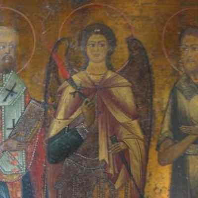 Архангел Михаил и избранные святые: преподобный Сергий Радонежский, Николай Чудотворец, Алексий, Человек Божий, Мученица Васса (01277)  